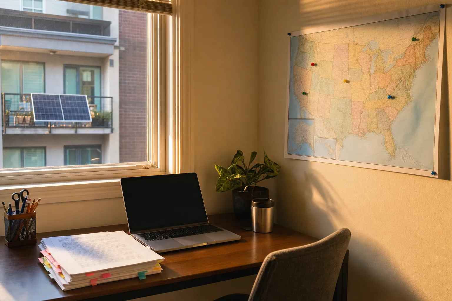 A small home office with printed documents and a US map, and a balcony solar panel visible across the street