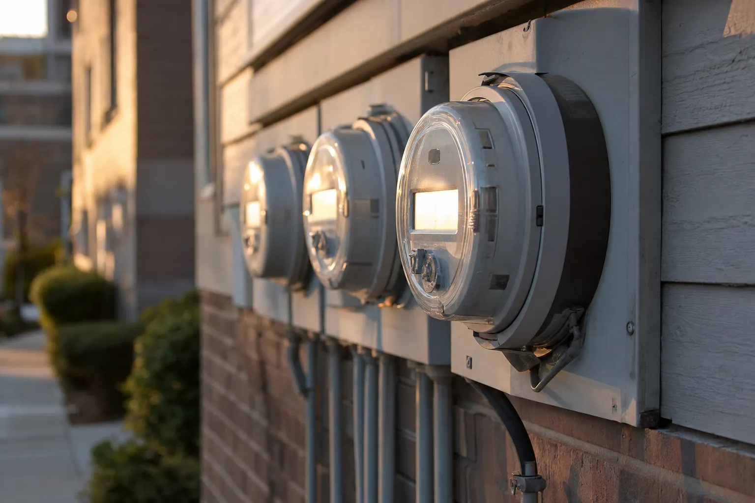 A digital electric meter on the outside wall of an apartment building
