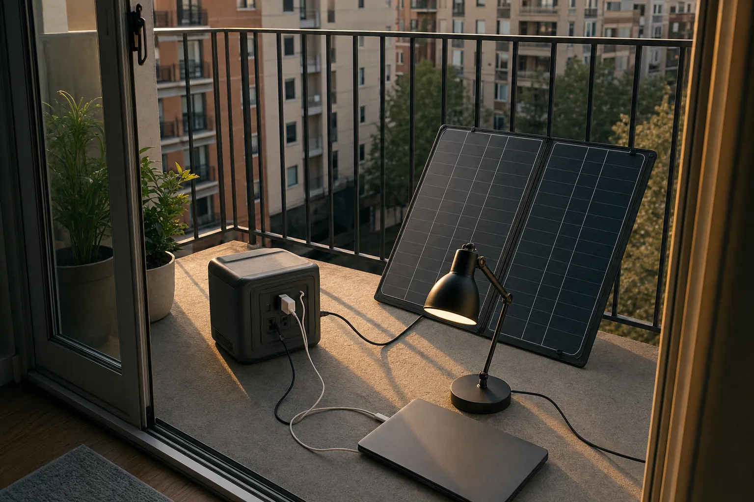 A portable power station on an apartment balcony charging from a folding solar panel, with a desk lamp and a laptop plugged into its own outlets