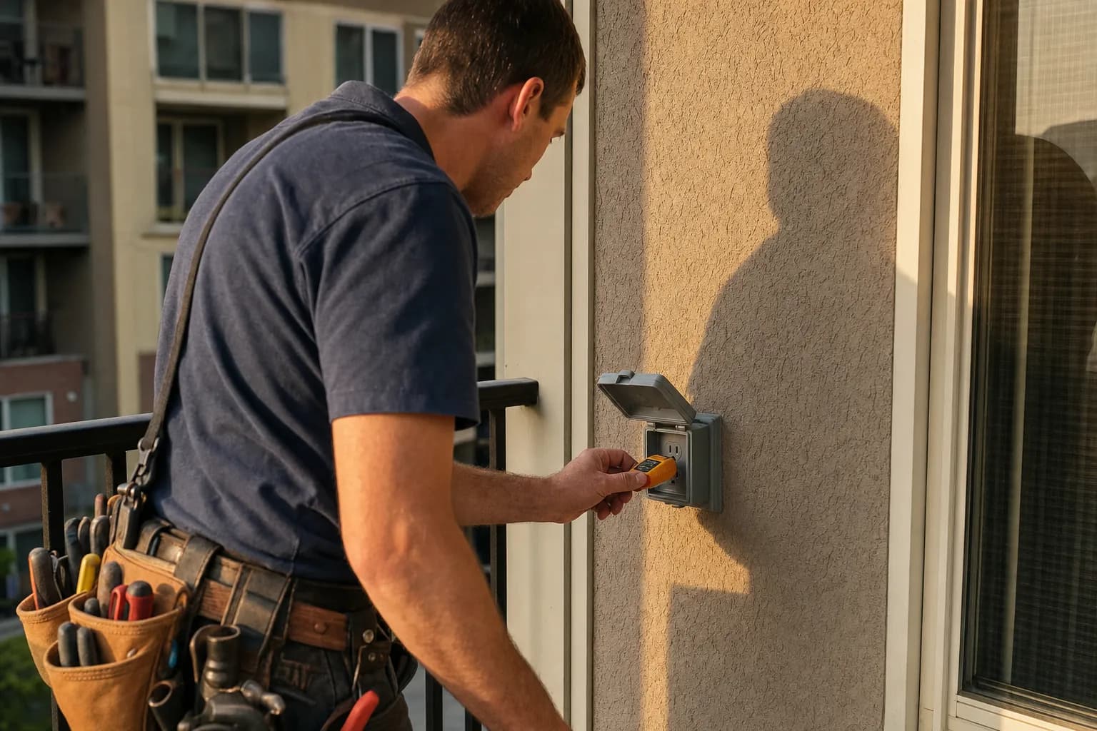 An electrician testing an outdoor outlet on an apartment balcony
