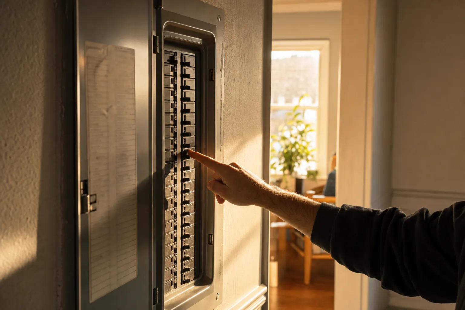 A hand pointing to a breaker in an open apartment electrical panel