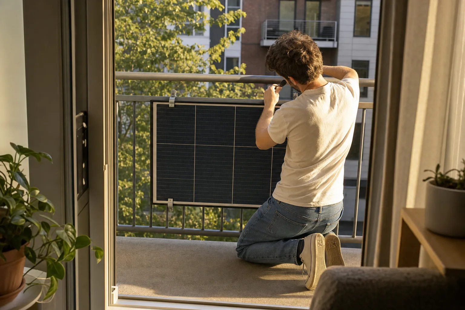 A renter tightening the clamp that holds a solar panel to a balcony railing