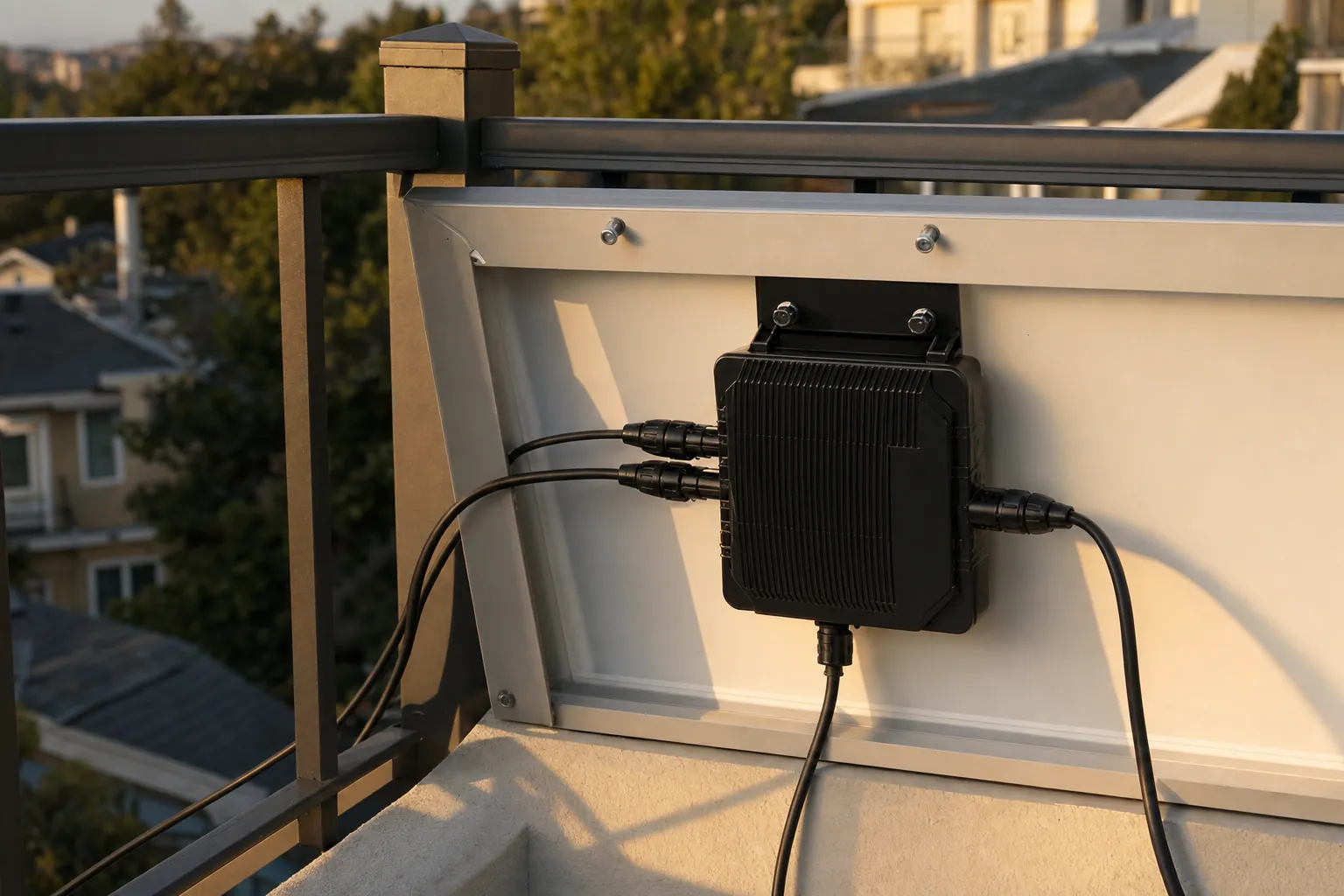 The back of a solar panel with a small microinverter bolted to its frame
