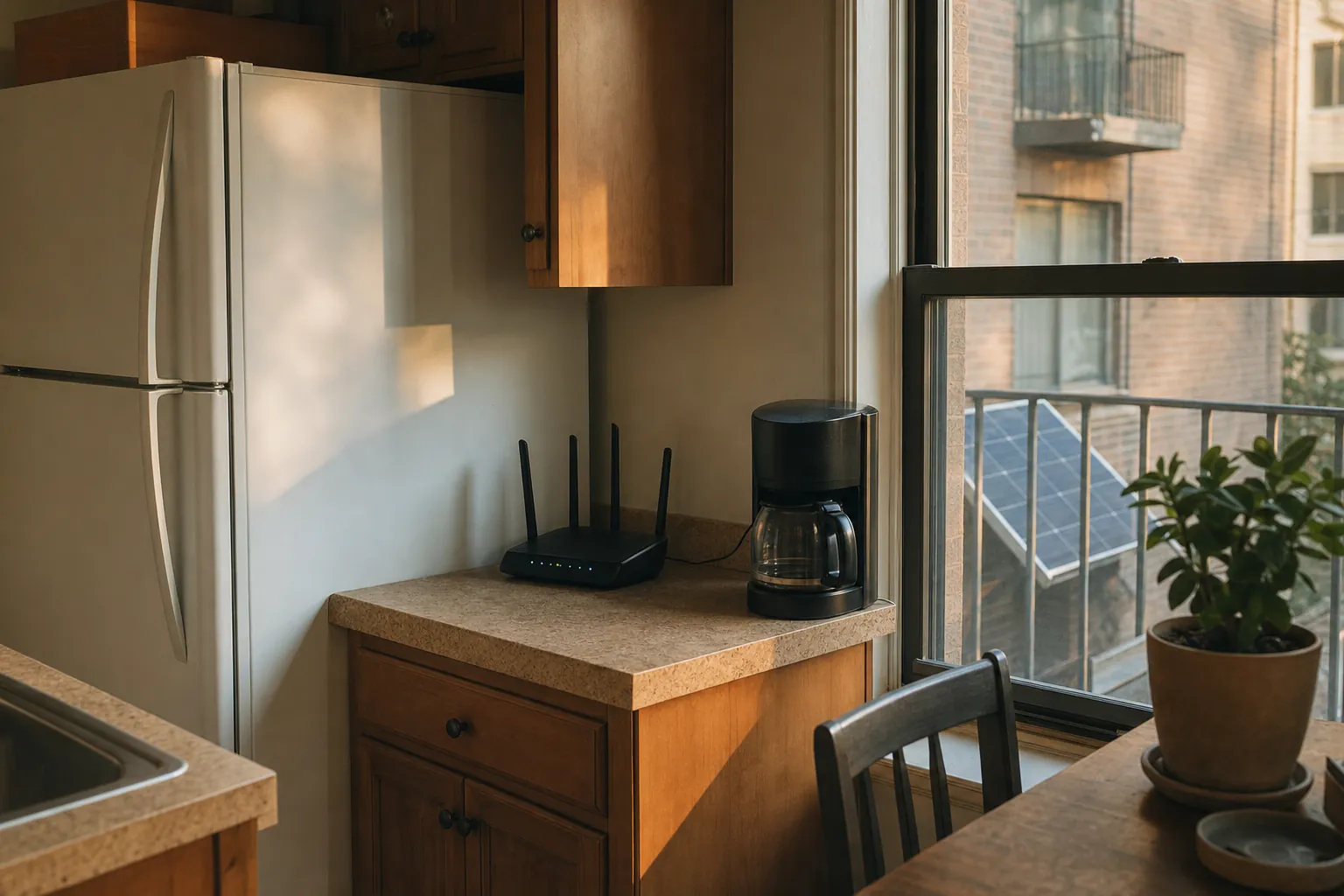 An apartment kitchen with a refrigerator and a wifi router, the always-on loads a plug-in kit offsets first