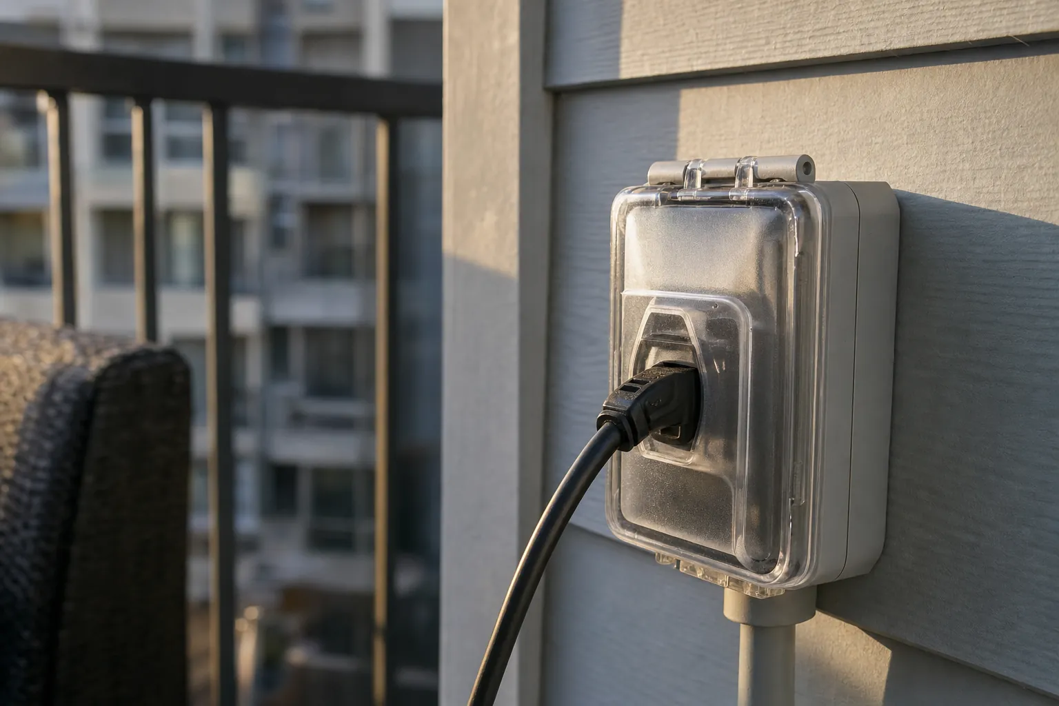A weatherproof outdoor outlet with its in-use cover closed over a plugged-in cable