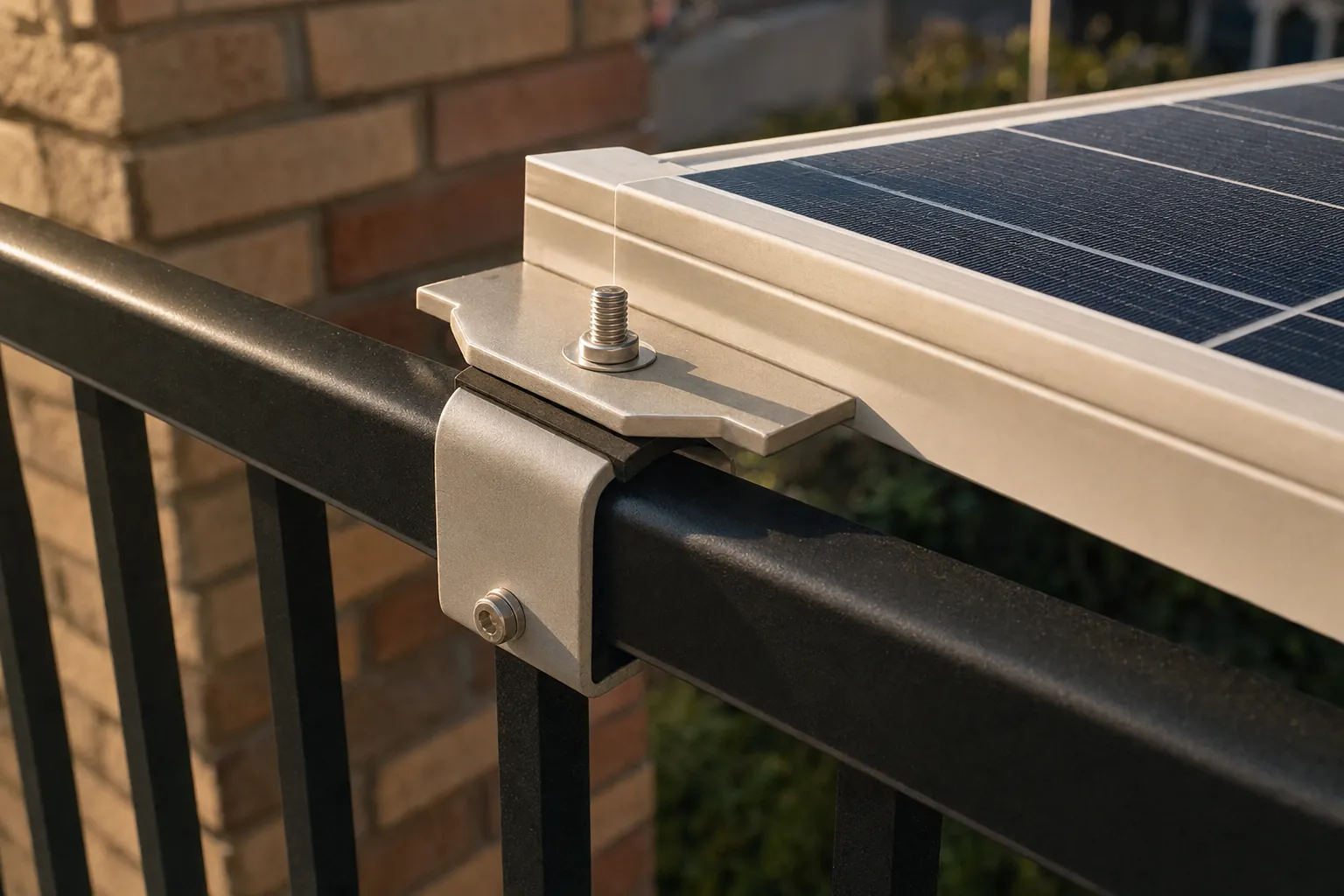 A padded clamp gripping a balcony railing and holding a solar panel frame, with no drilling