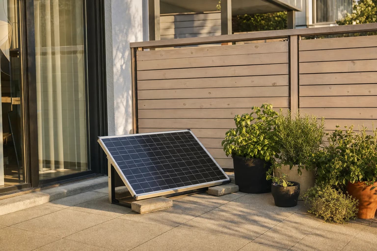 A solar panel on a freestanding frame weighed down with blocks on a ground-floor patio