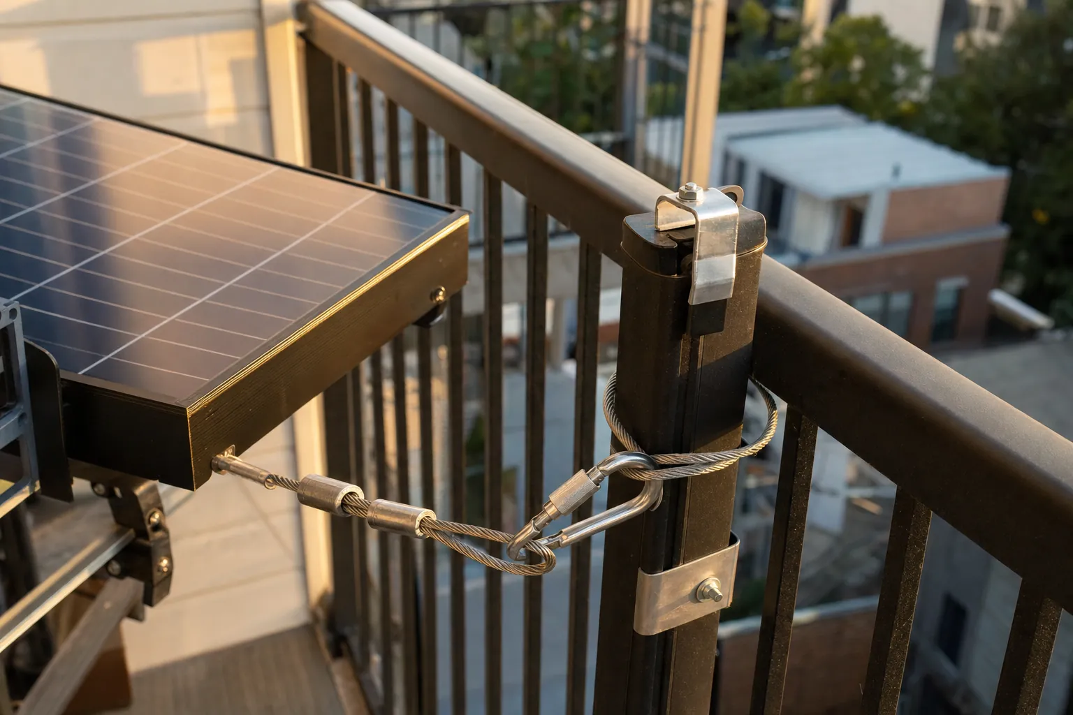 A steel safety cable looped from a solar panel frame around a railing post