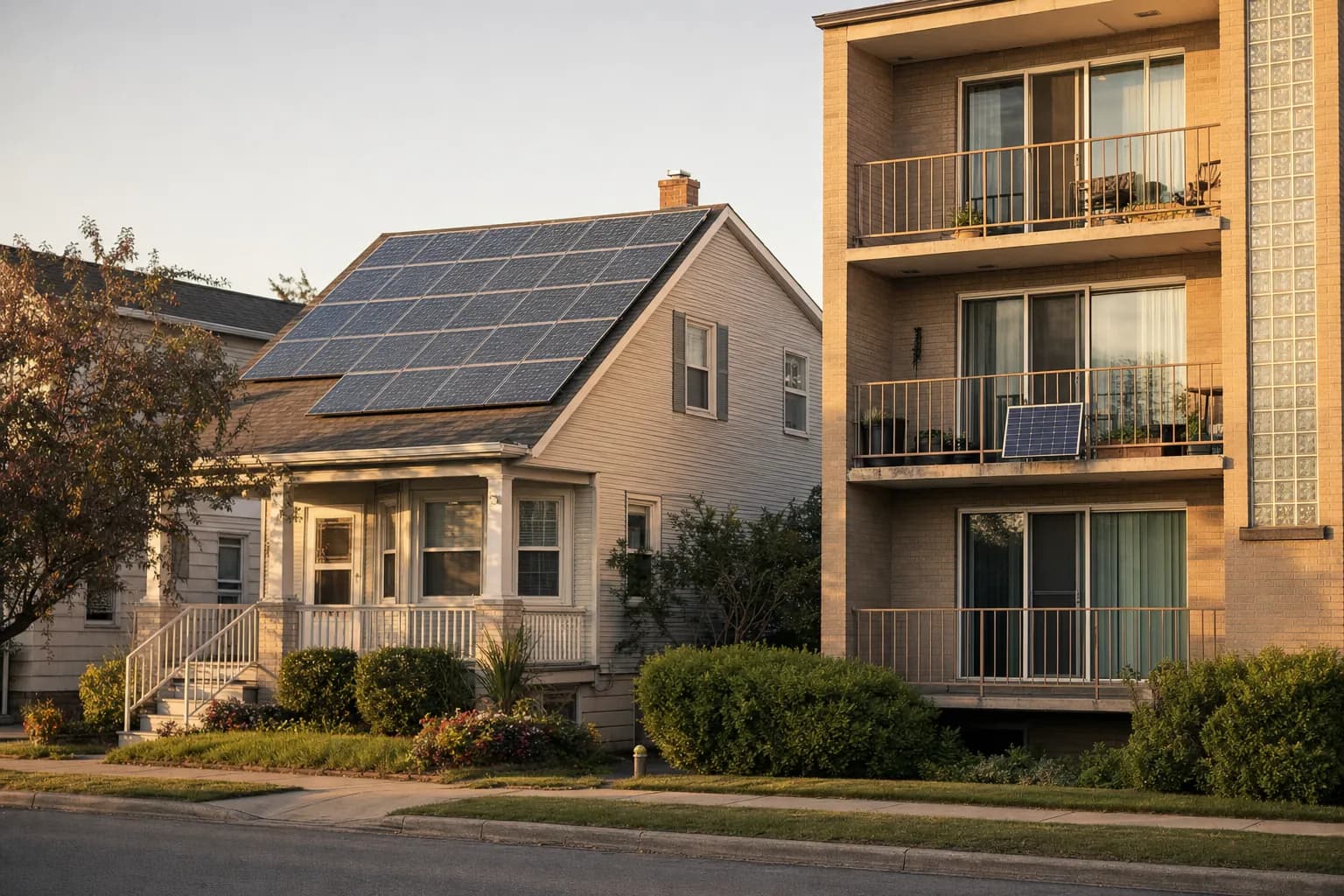 A house with a full rooftop solar array next to an apartment building with one panel on a balcony