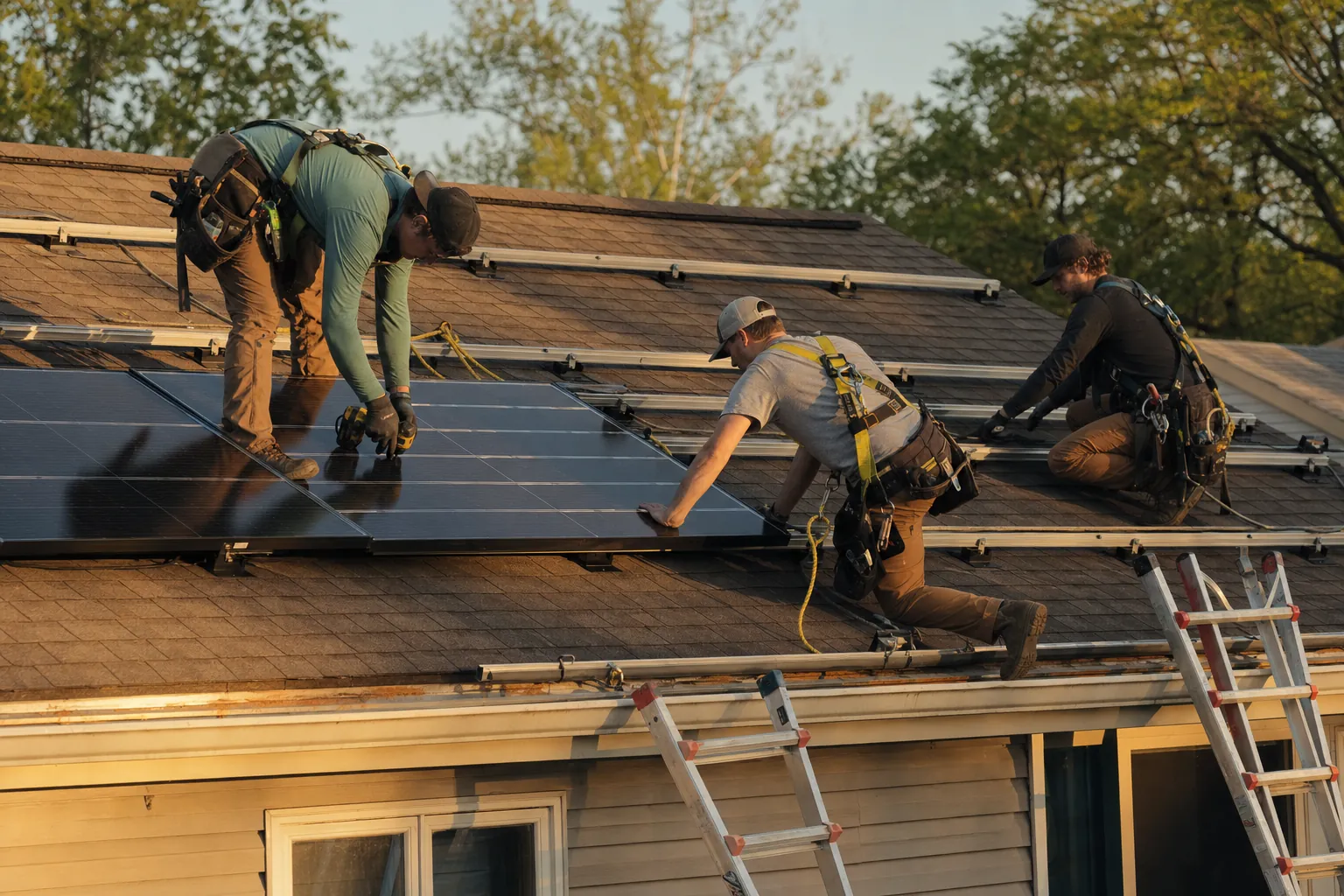 An installation crew in harnesses mounting solar panels on a house roof