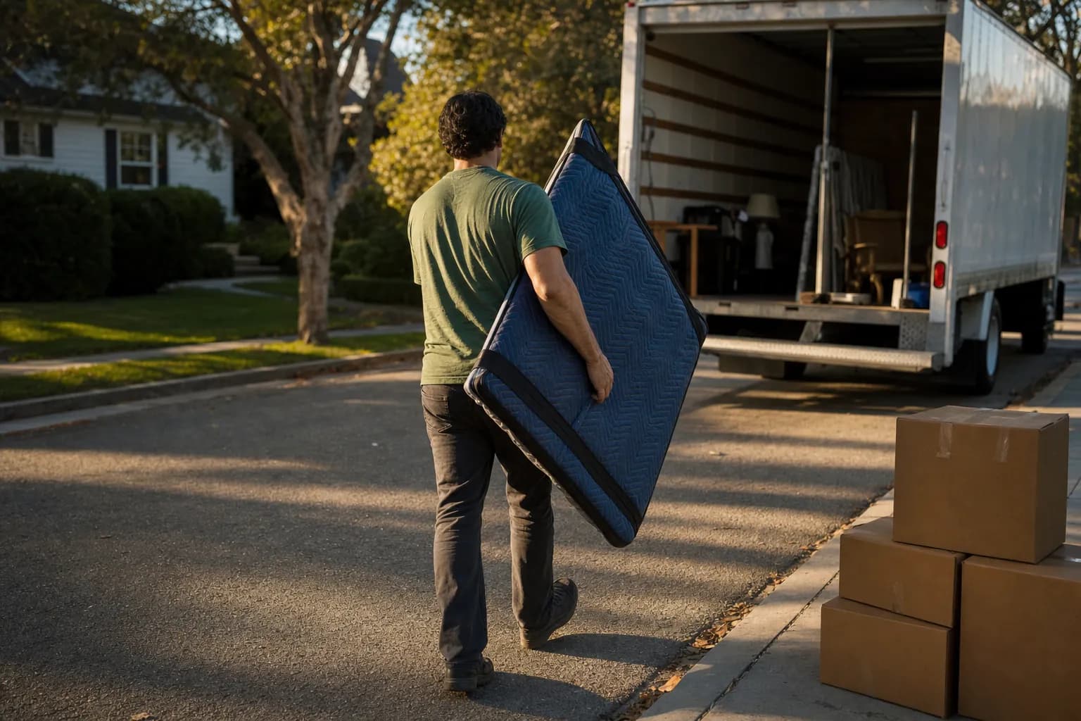 A person carrying a blanket-wrapped solar panel toward a moving truck