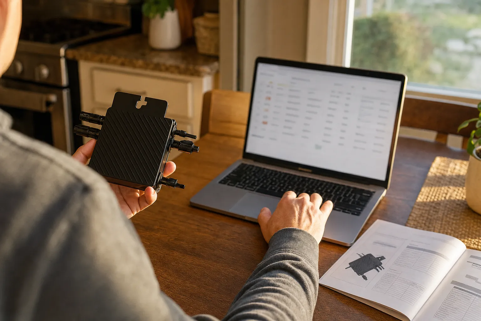A person comparing a microinverter in hand against a product listing on a laptop