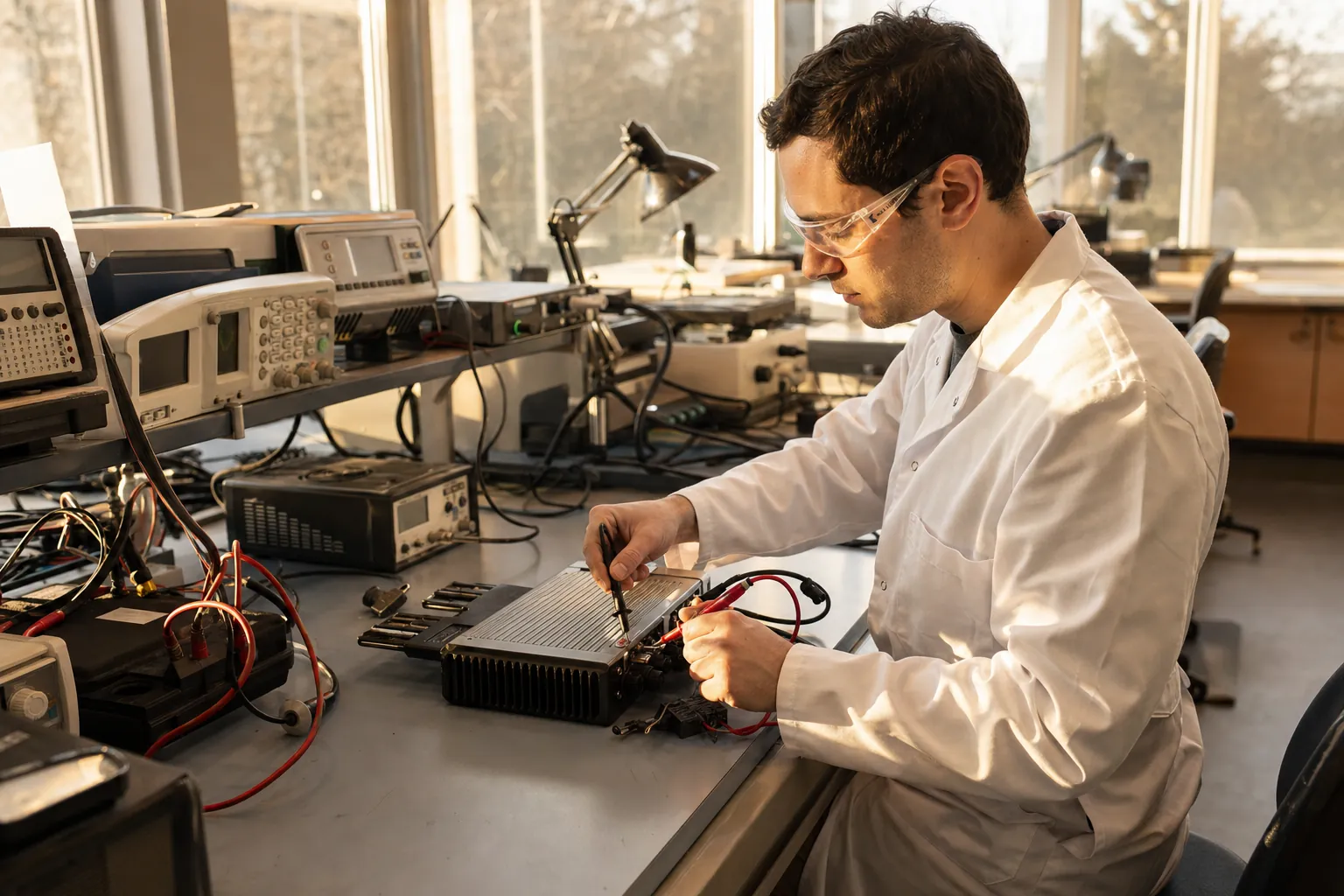 A technician connecting test leads to a microinverter on a laboratory workbench