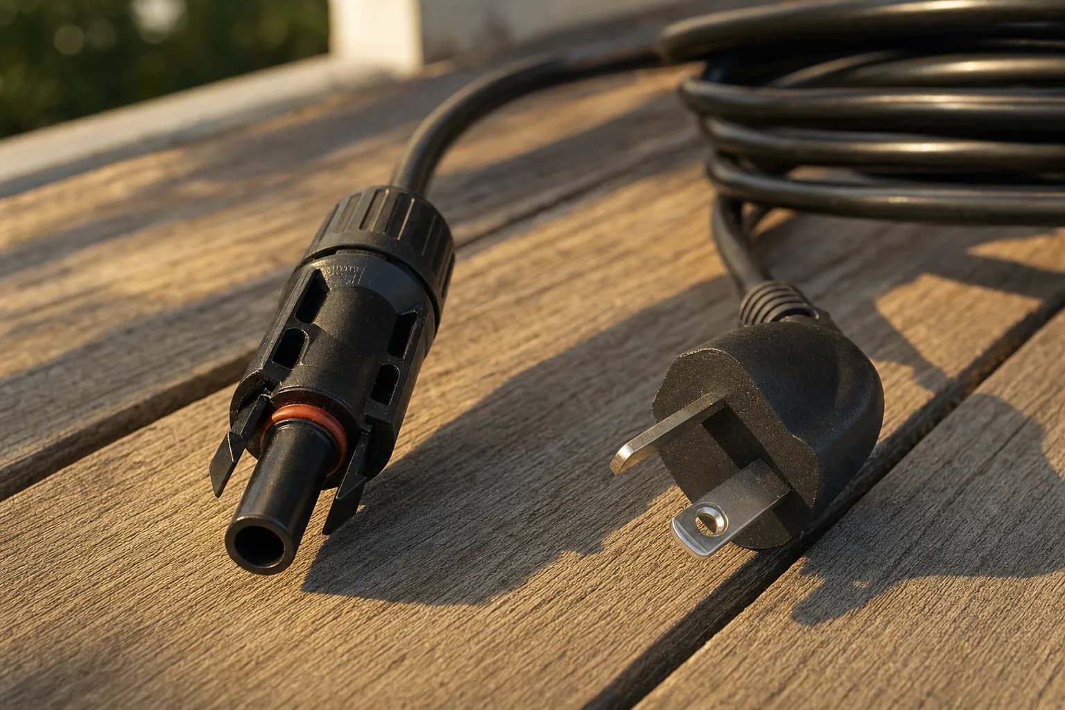 A solar connector and a household plug side by side on a balcony floor