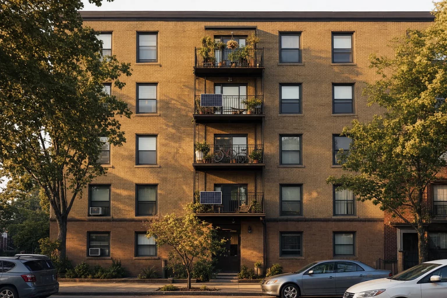 A brick apartment building facade where two of the balconies have a solar panel clamped to the railing