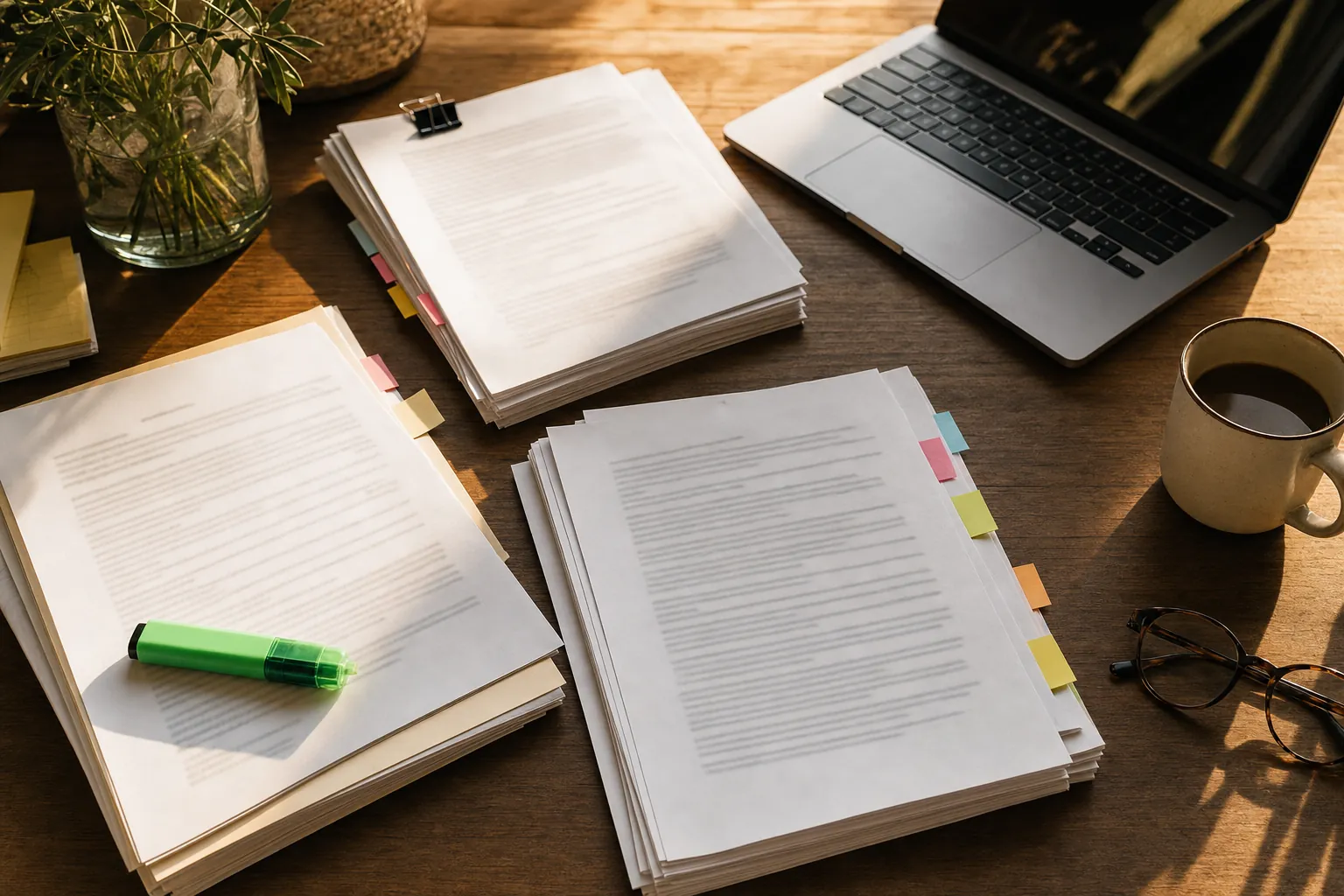Printed bill documents with sticky tabs and a highlighter on a desk beside a laptop