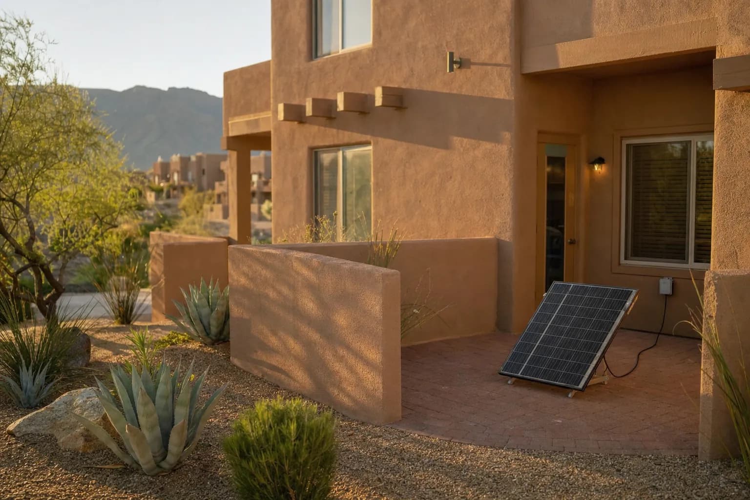A solar panel on a low freestanding frame on a desert apartment patio