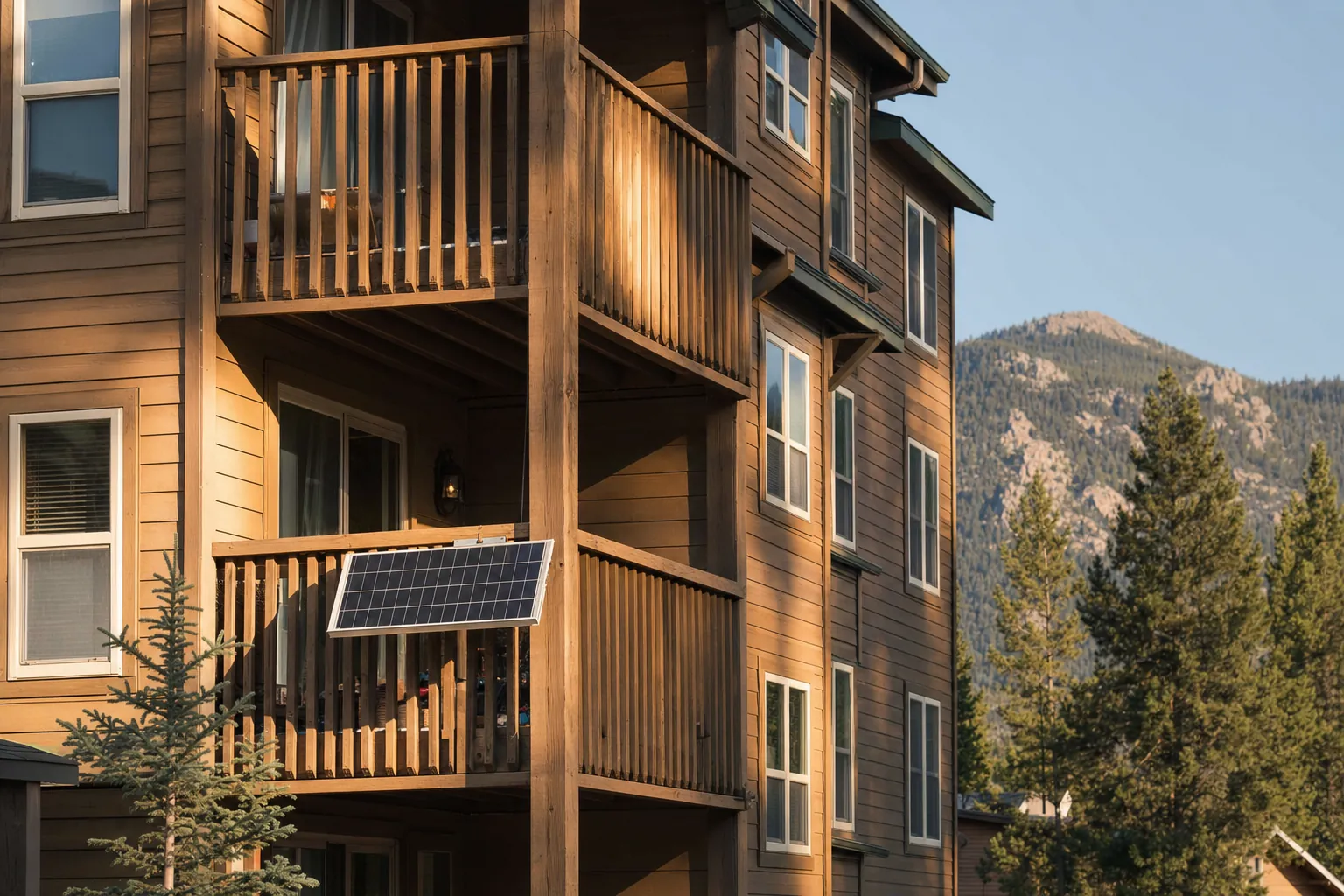 A solar panel clamped to the deck railing of a wood-sided apartment building with mountains behind