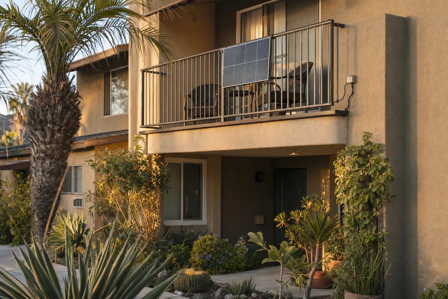 A stucco garden apartment with a solar panel on its second-floor balcony railing