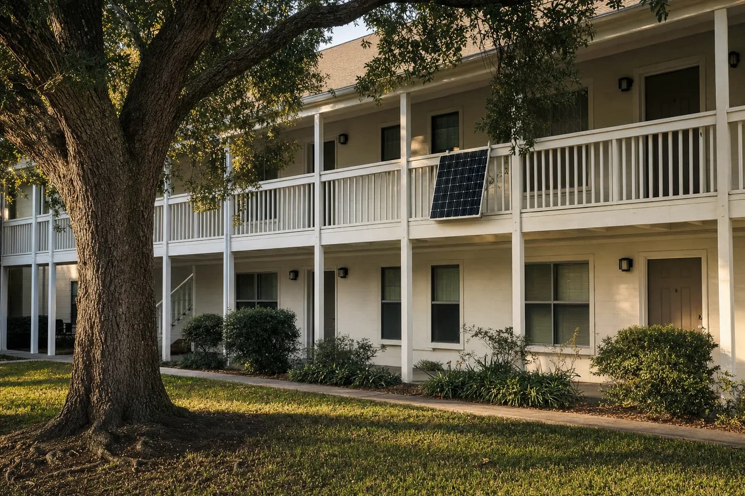 A solar panel clamped to the railing of a two-story apartment walkway balcony under a live oak