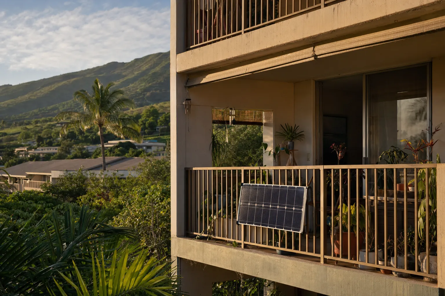 A solar panel clamped to a lanai railing of a low-rise concrete apartment building in Hawaii
